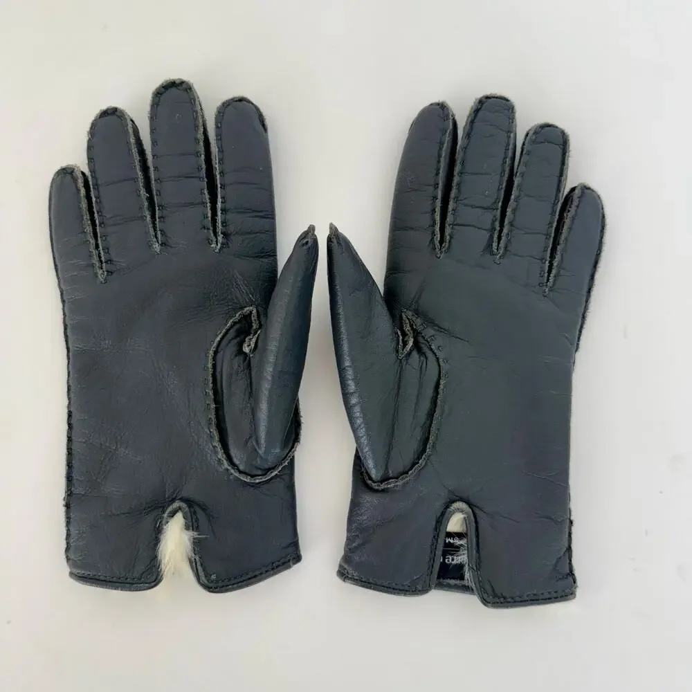 Pierre Cardin Vintage Soft Leather Gloves with Fur Lining Light Navy Women’s S